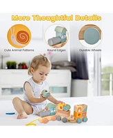 Sugift Wooden Toy Train Set with Stacking Wooden Blocks and Cute Animal Patterns