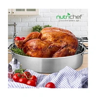 NutriChef Oval Roasting Pan / Roaster with Polished Rack and Stainless Steel Lid