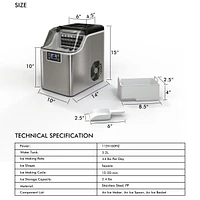 44 lbs Stainless Portable Countertop Self-Clean Ice Maker, 24 Square Cubes with Lcd Display