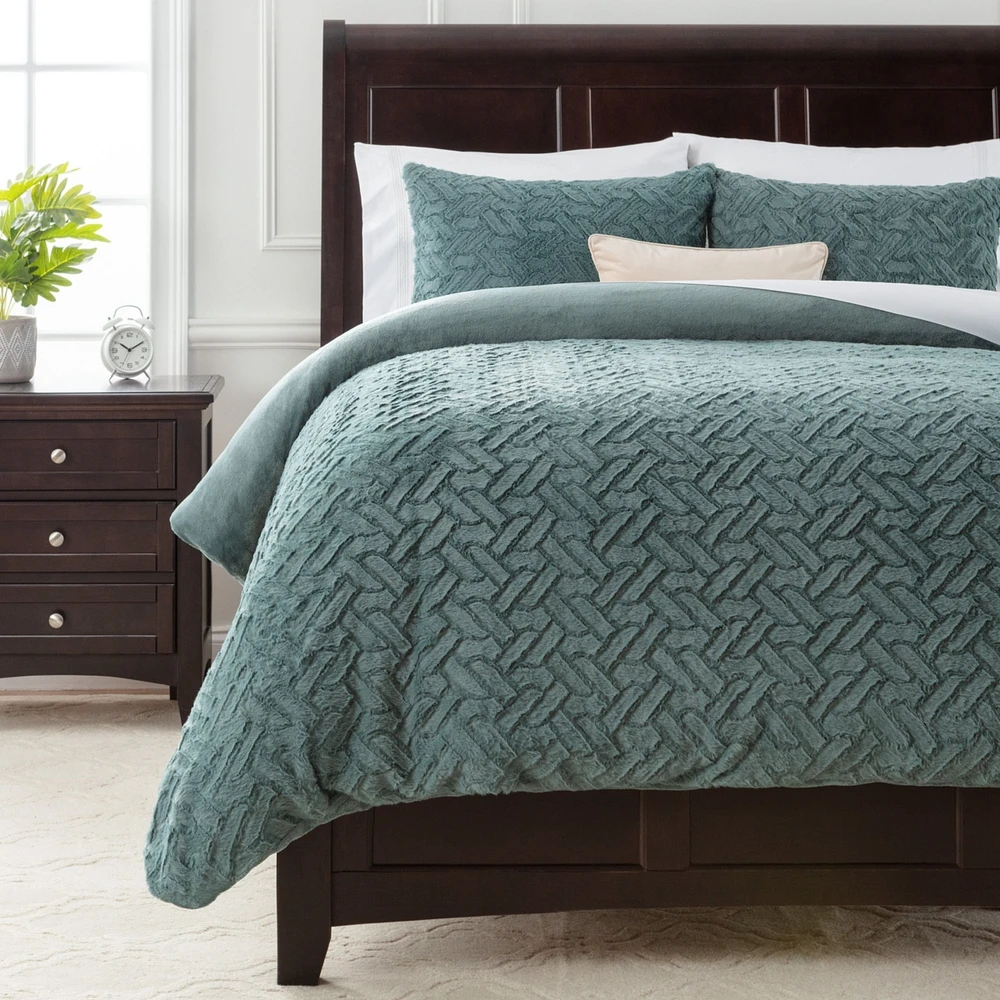 Chanasya Premium Soft Cloud Faux Fur Duvet Cover Bedding Set Queen - 3 Piece Combo Textured Embossed Fuzzy Velvet Mink Bedcover