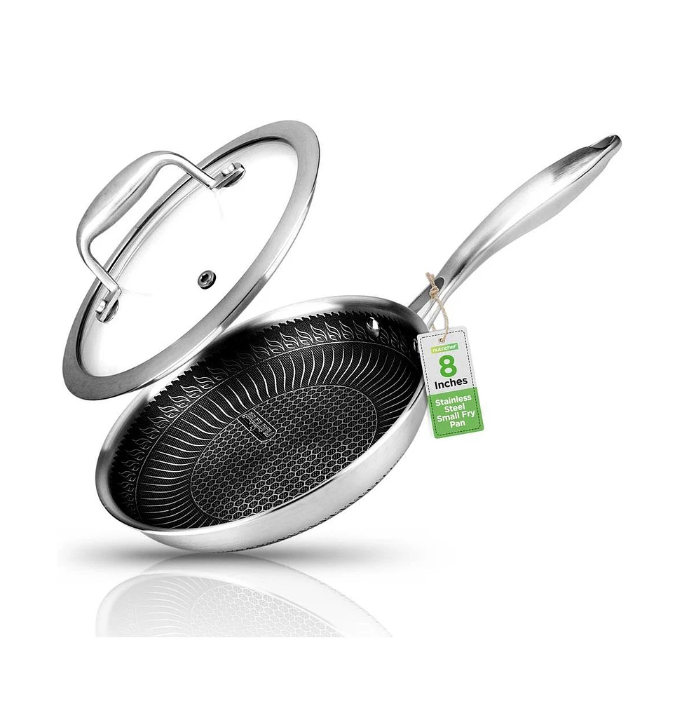 NutriChef 8'' Stir Fry Pan with Glass Lid - Triply Stainless Steel Cookware, Dakin Etching Non-Stick Coating Inside and Outside - Assorted pre