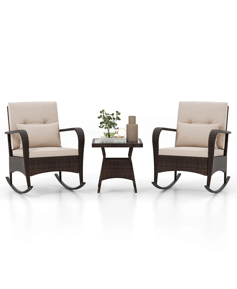 Costway 3 Pcs Rocking Bistro Set with Removable Cushions & Tempered Glass Top Coffee Table