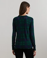 Lauren Ralph Women's Black Watch Plaid Beaded-Crest Sweater