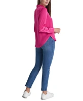Dkny Jeans Petite Buttoned-Cuff Fold-Collar Blouse