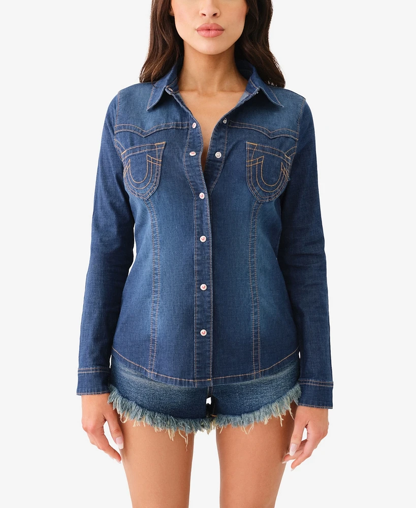 True Religion Women's Western Fitted Denim Shirt