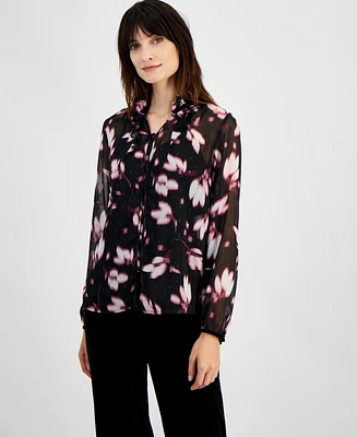 Anne Klein Petite Floral Clip-Dot Ruffle-Neck Blouse