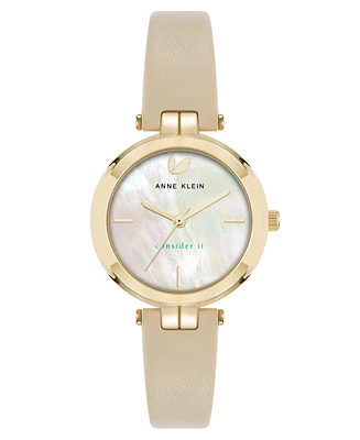 Anne Klein Women's Quartz Consider It Beige Leather and Gold-Tone Alloy Metal Band Watch, 32mm