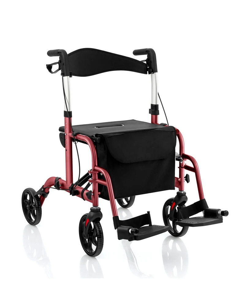 Givimo 2-in-1 Adjustable Folding Handle Rollator Walker with Storage Space-Red