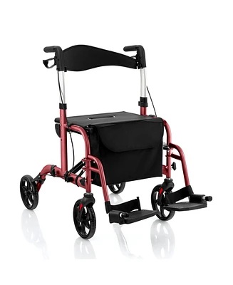 Givimo 2-in-1 Adjustable Folding Handle Rollator Walker with Storage Space-Red