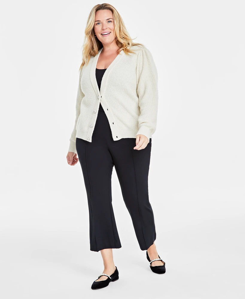 On 34th Trendy Plus Jewel-Button Puff-Sleeve Cardigan, Created for Macy's