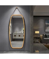 Sugift Modern Wall Mirror with Bamboo Frame and Adjustable Leather Strap