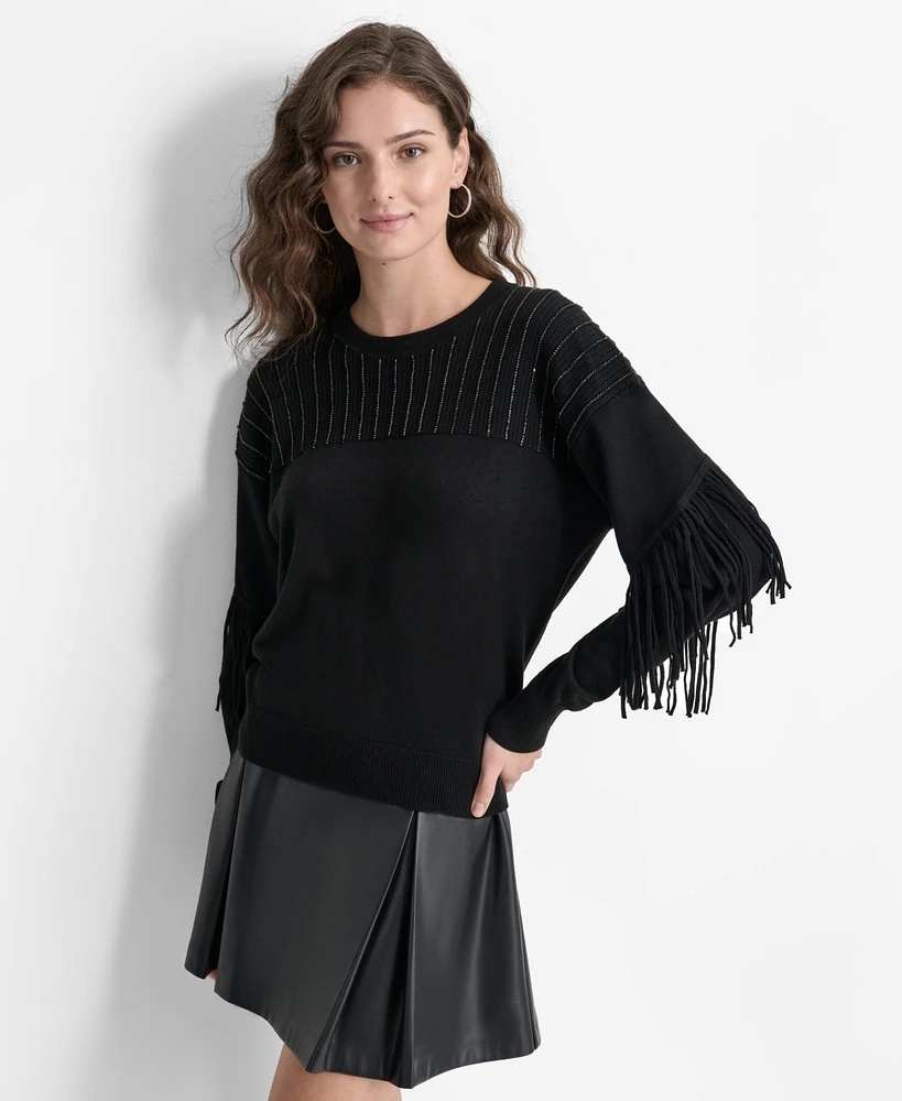 Dkny Women's Round-Neck Embellished Fringe-Trim Sweater