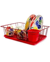 Megachef 17.5 Inch Red Dish Rack with 14 Plate Positioners and a Detachable Utensil Holder