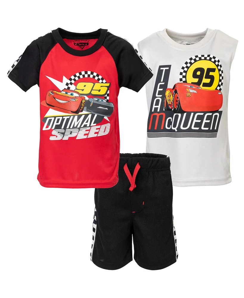 Disney Toddler Boys Lion King Toy Story Mickey Mouse Cars T-Shirt Tank Top and French Terry Shorts 3 Piece Outfit Set to