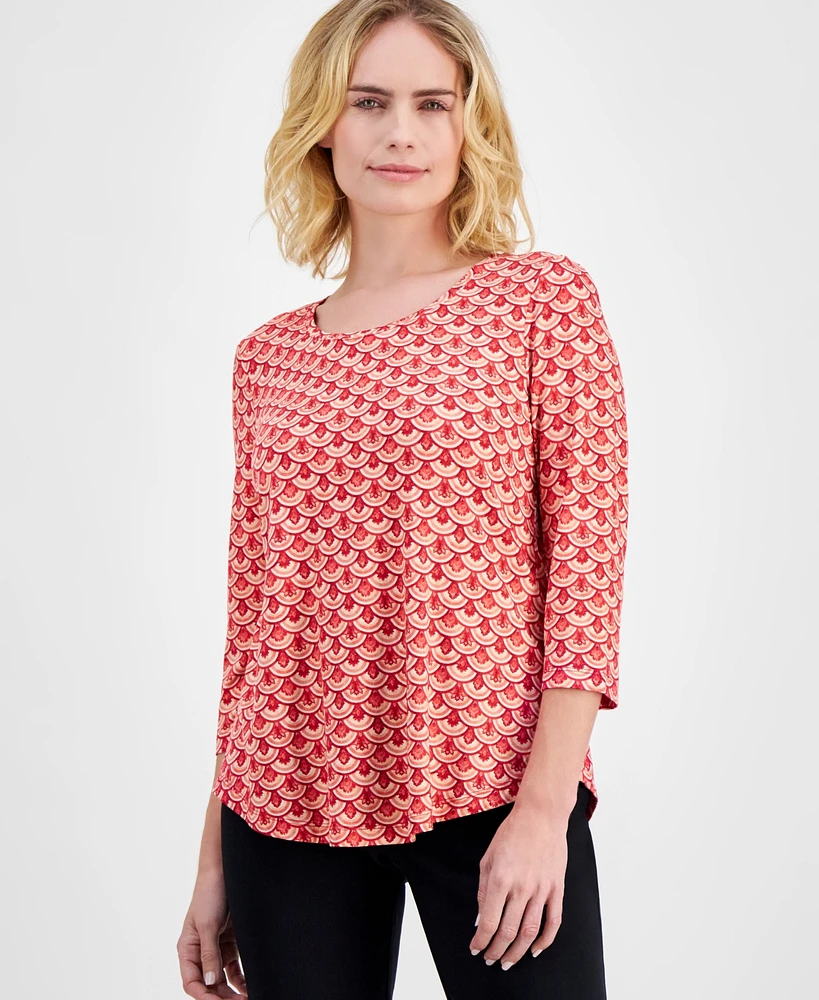 Jm Collection Petite Printed Round-Neck 3/4-Sleeve Top, Created for Macy's