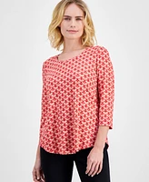 Jm Collection Petite Printed Round-Neck 3/4-Sleeve Top, Created for Macy's