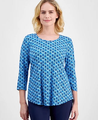 Jm Collection Petite Printed Round-Neck 3/4-Sleeve Top, Created for Macy's