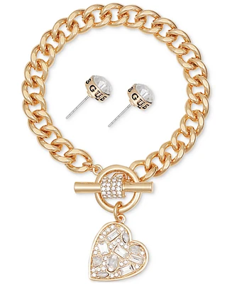 Guess Gold-Tone Scattered Crystal Heart Charm Link Bracelet & Logo Stud Earrings Set