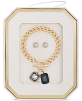 Guess Gold-Tone Framed Crystal Charm Bracelet & Logo Stud Earrings Set