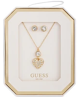 Guess Mixed Crystal Heart Pendant Necklace & Logo Stud Earrings Set