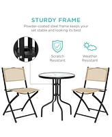 Best Choice Products 3-Piece Patio Bistro Dining Furniture Set w/ Round Textured Glass Tabletop, Folding Chairs