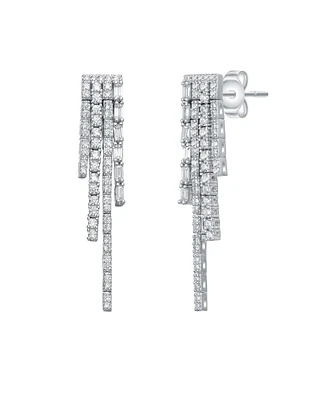 Genevive Sterling Silver White Gold Plated with White Cubic Zirconia Graduated Fringe Dangle Earrings