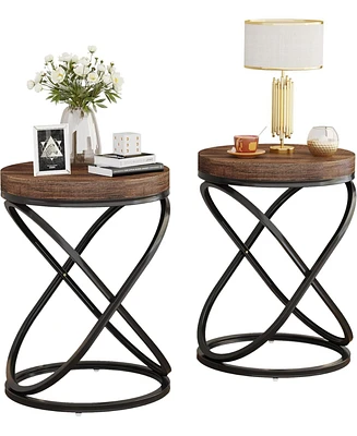 Tribesigns White and Gold Faux Marble Top End Tables Set of 2, Round Nightstands Sofa Side Table with Double X-Shaped Ring Unique Design for Bedroom