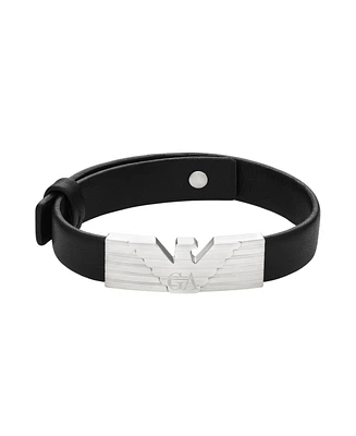 Emporio Armani Men's Stainless Steel and Black Leather Strap Id Bracelet