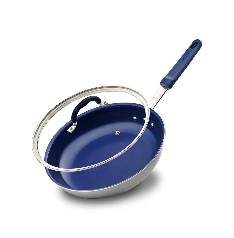 NutriChef 10'' Medium Fry Pan with Lid - Non-stick Pan with Silicone Handle, Ceramic Coating Inside