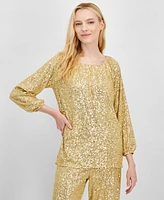 Jm Collection Women's Gathered Boat-Neck Sequin Top, Created for Macy's