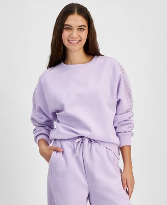 Planet Heart Juniors' Fleece Crochet-Trim Crewneck Sweatshirt