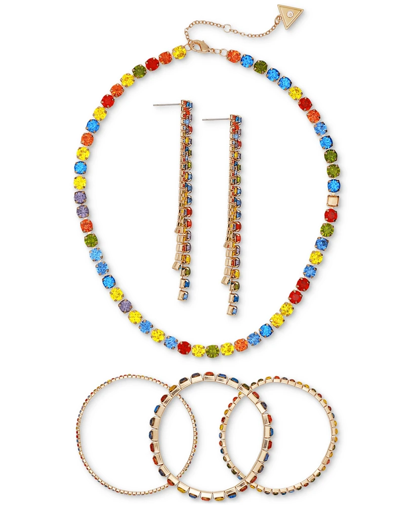 Guess Gold-Tone Multicolor Mixed Stone Collar Necklace, Triple Bracelet & Linear Drop Earrings Set