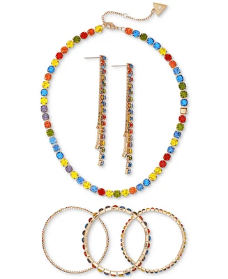 Guess Gold-Tone Multicolor Mixed Stone Collar Necklace, Triple Bracelet & Linear Drop Earrings Set