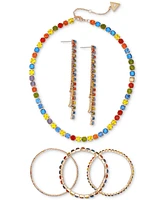 Guess Gold-Tone Multicolor Mixed Stone Collar Necklace, Triple Bracelet & Linear Drop Earrings Set