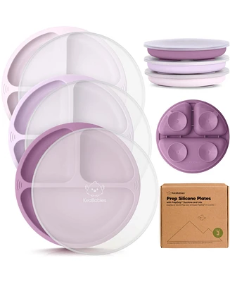 KeaBabies 3-Pack Prep Suction Plates with Lids, 100% Silicone Baby Lid, Bpa-Free Kids Divided Toddler