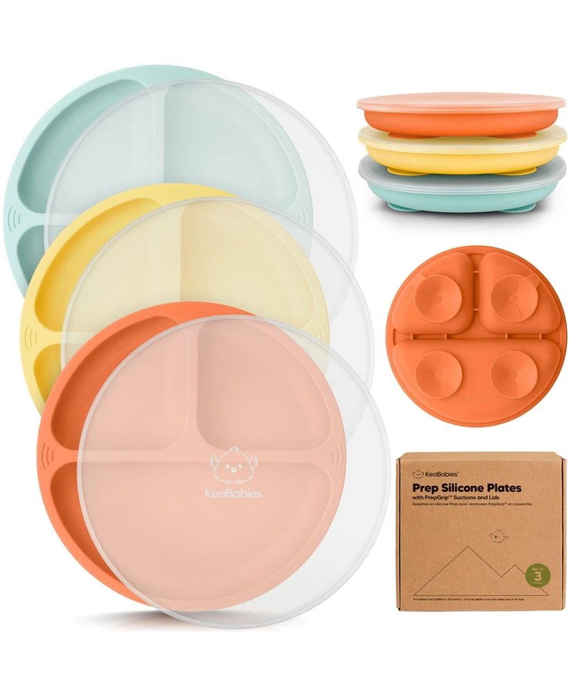 KeaBabies 3-Pack Prep Suction Plates with Lids, 100% Silicone Baby Lid, Bpa-Free Kids Divided Toddler