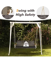 2-Person Patio Rattan Hanging Swing Chair Porch Loveseat Cushion Off White