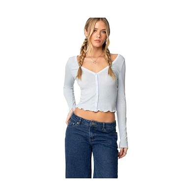 Edikted Women's Ollie Button Front Pointelle Top - Light