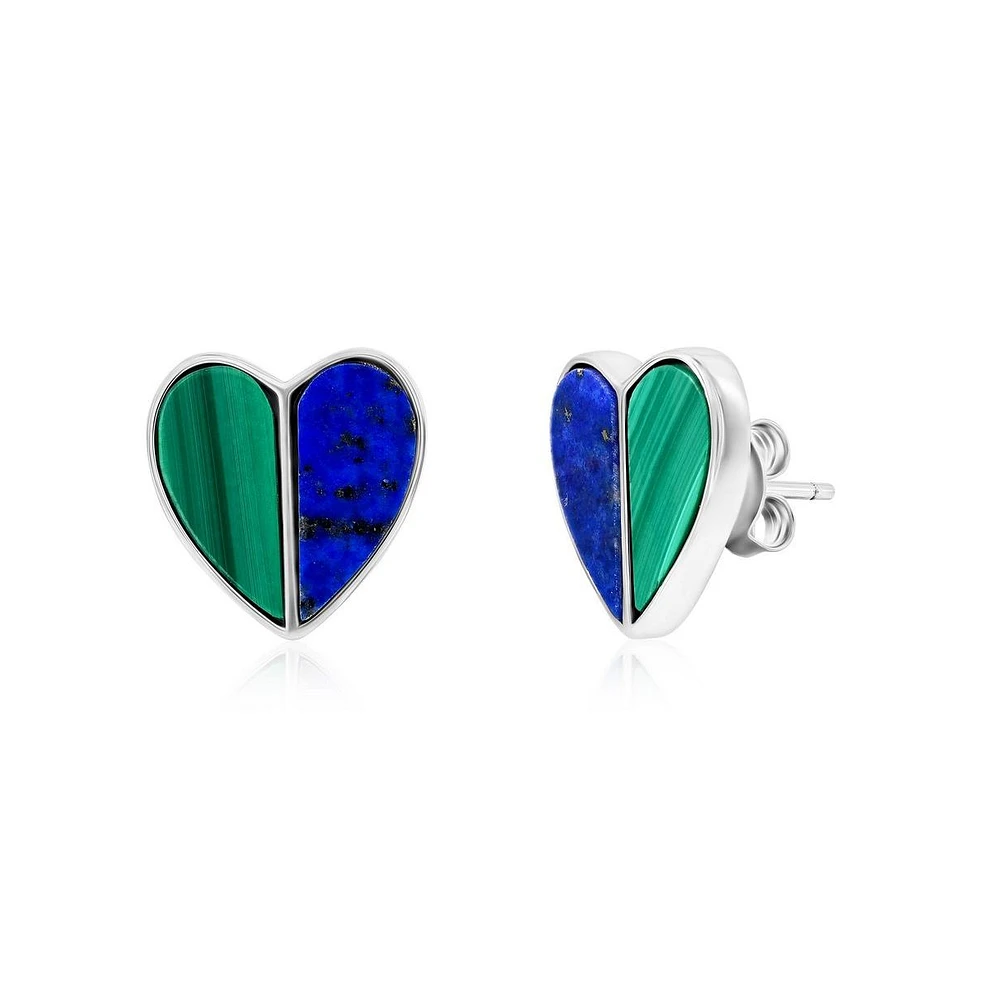 Caribbean Treasures Sterling Silver Half Malachite & Half Lapis Heart Stud Earrings