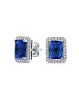 Bling Jewelry 3.5CT Emerald Cut Green Cubic Zirconia Cz Halo Stud Earring For Women Rhodium Sterling Silver