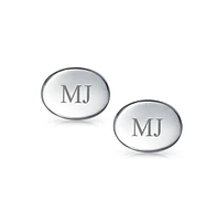 Bling Jewelry Monogram Initial Geometric Concave Oval Disc .925 Sterling Silver Shirt Cufflinks For Men Cuff Links Executive Gift Hinge Bullet Back