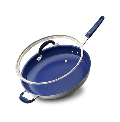 NutriChef 14'' Non-Stick Fry Pan with Lid - Durable Pan with Silicone Handle, Ceramic Coating Inside and Heat-Resistant Outside