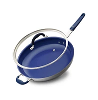 NutriChef 14'' Non-Stick Fry Pan with Lid - Durable Pan with Silicone Handle, Ceramic Coating Inside and Heat-Resistant Outside