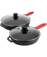 MegaChef 13 Piece Cast Iron Skillet Set with Tempered Glass Lids and Silicone Holders