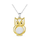 Bling Jewelry Two Tone Bird Animal Wise Graduate Dangling Owl Pendant Necklace Dangle Earrings Jewelry Set Yellow 14k Gold Plated .925 Sterling Silver