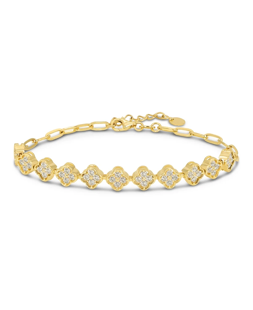 Devata Cubic Zirconia Clover Paperclip Chain Bracelet in 14K Gold, 6.5 in adj to 7.5 in, approx. 5.9 grams