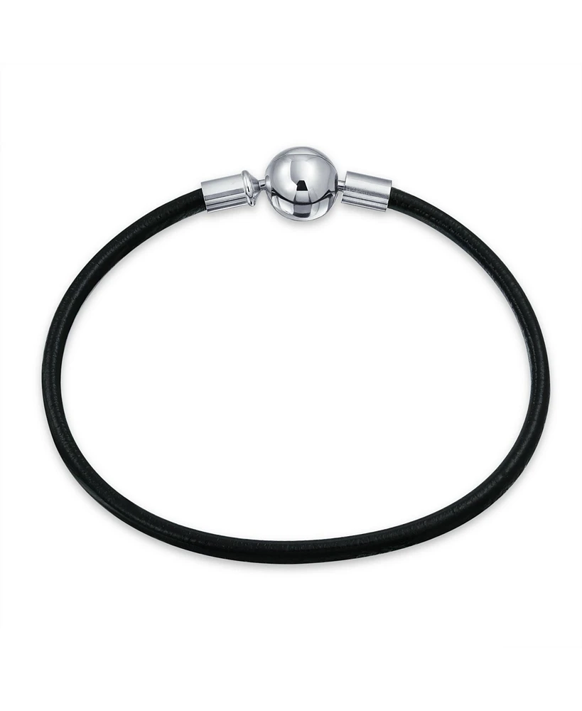 Bling Jewelry Black Leather Silver Round Clasp Strand Bracelet Bead Charms