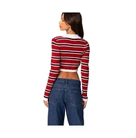 Edikted Women's Collared Stripey Ribbed Crop Top