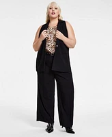 Bar Iii Trendy Plus Size Collared Vest Cheetah Print Sleeveless Jersey Top Grommet Belt Wide Leg Pants Created For Macys