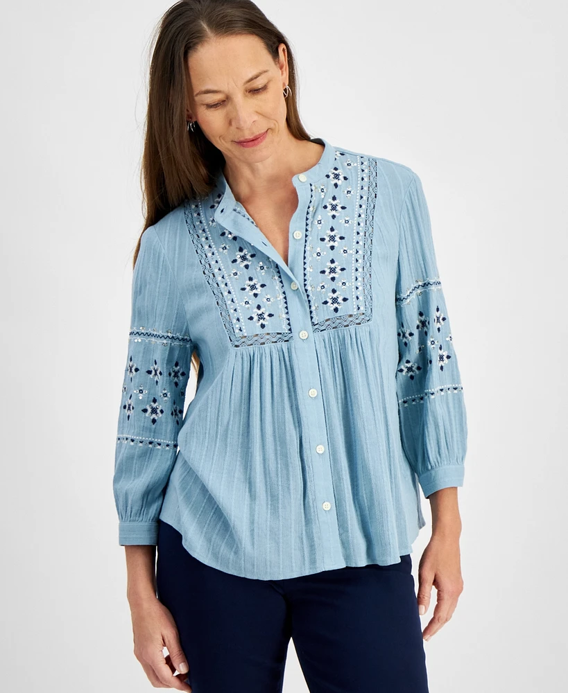 Style & Co Petite Embroidered Button-Front Long-Sleeve Top, Created for Macy's